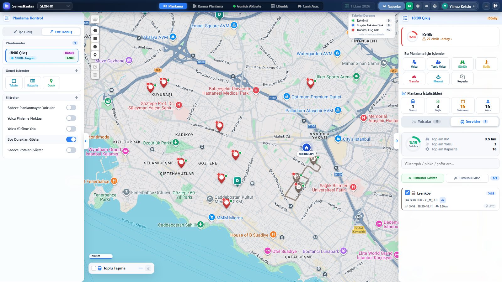 Routewix Servis ve durak önerisi ekranı