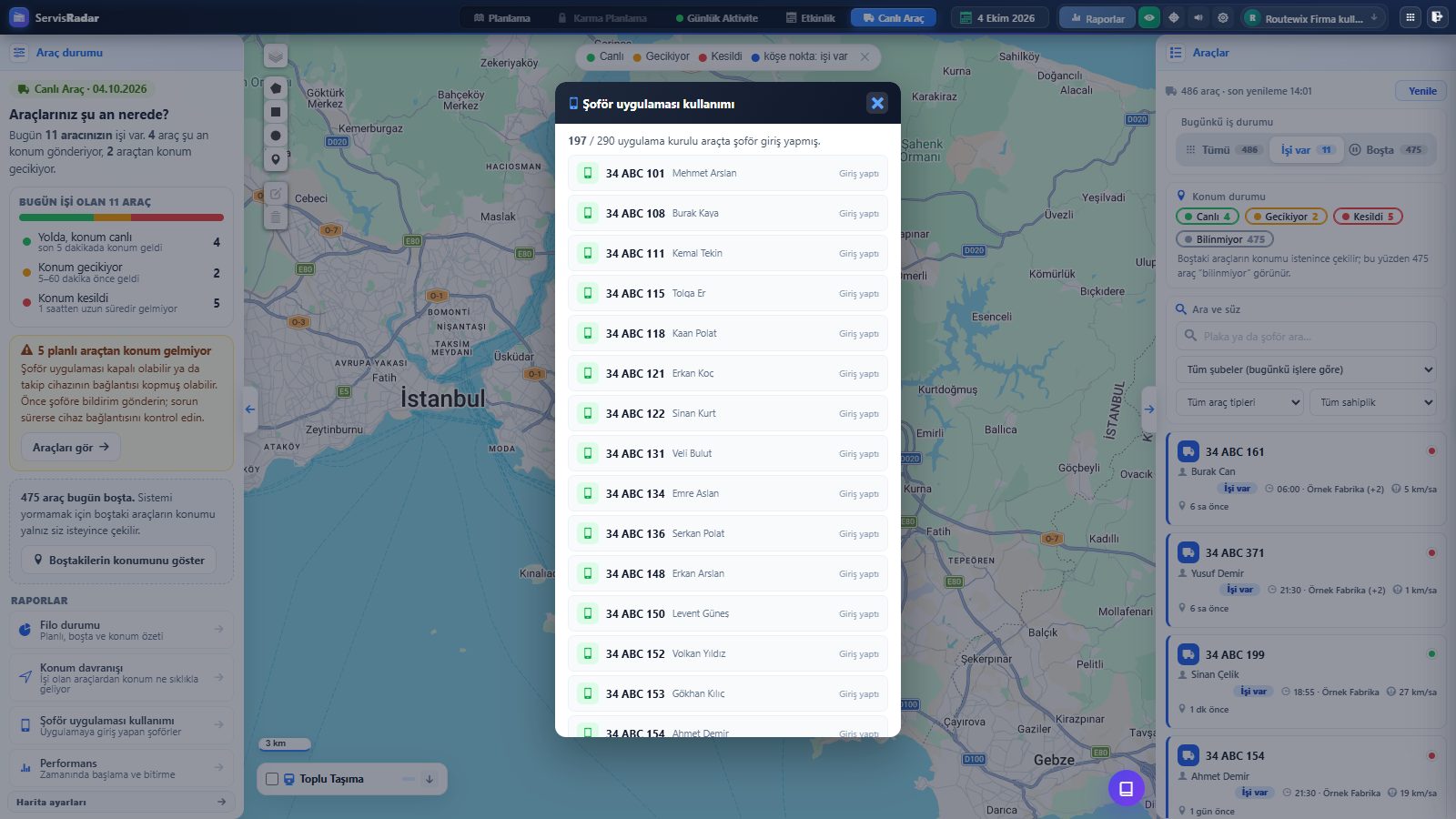 Routewix Şoför uygulaması ve bildirimleri ekranı